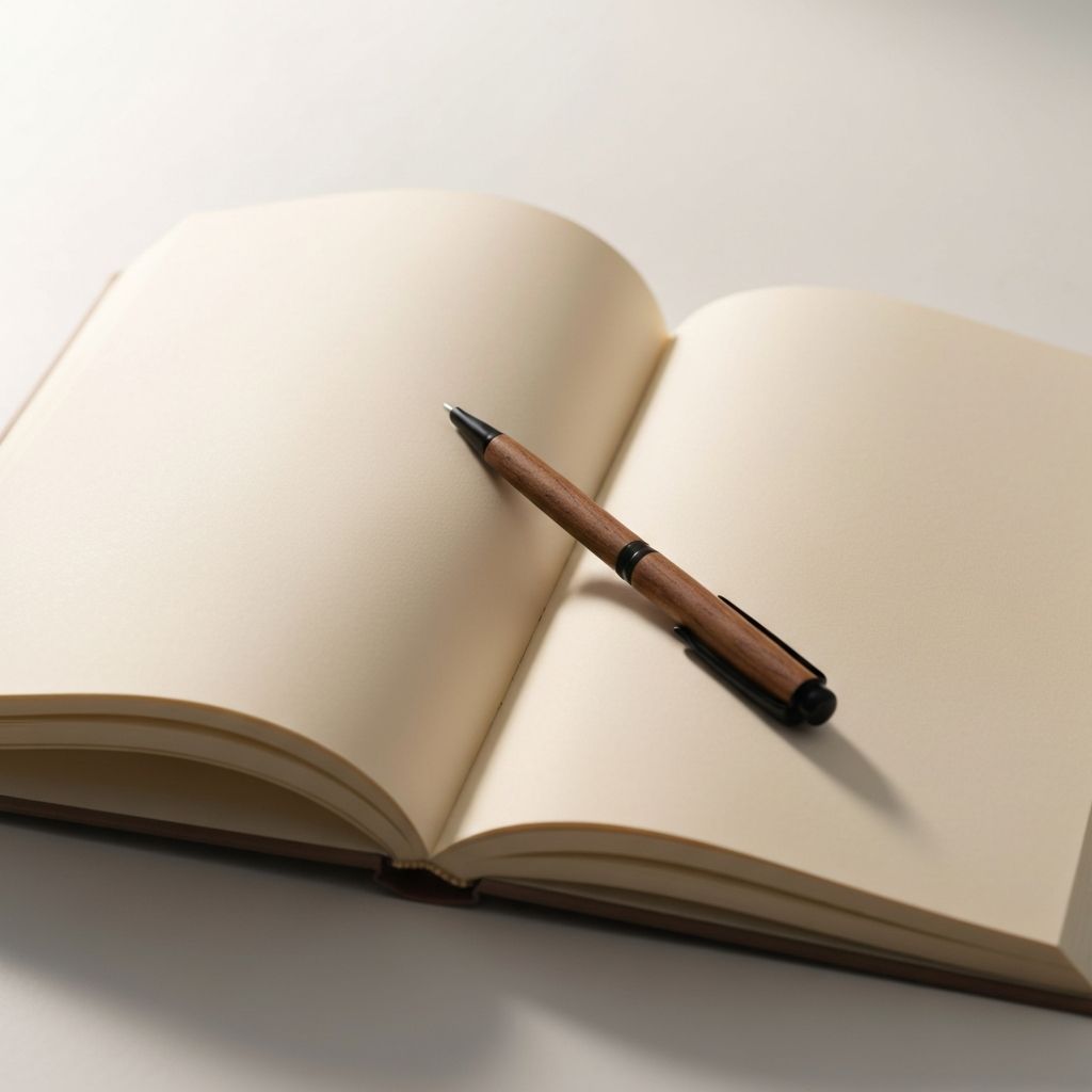Open journal with blank pages and pen resting gently